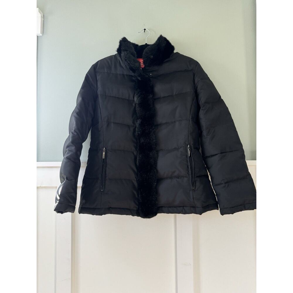 Oscar de la‎ Renta Down Faux Fur Collar Trim Mid Length Coat Black Women Med
